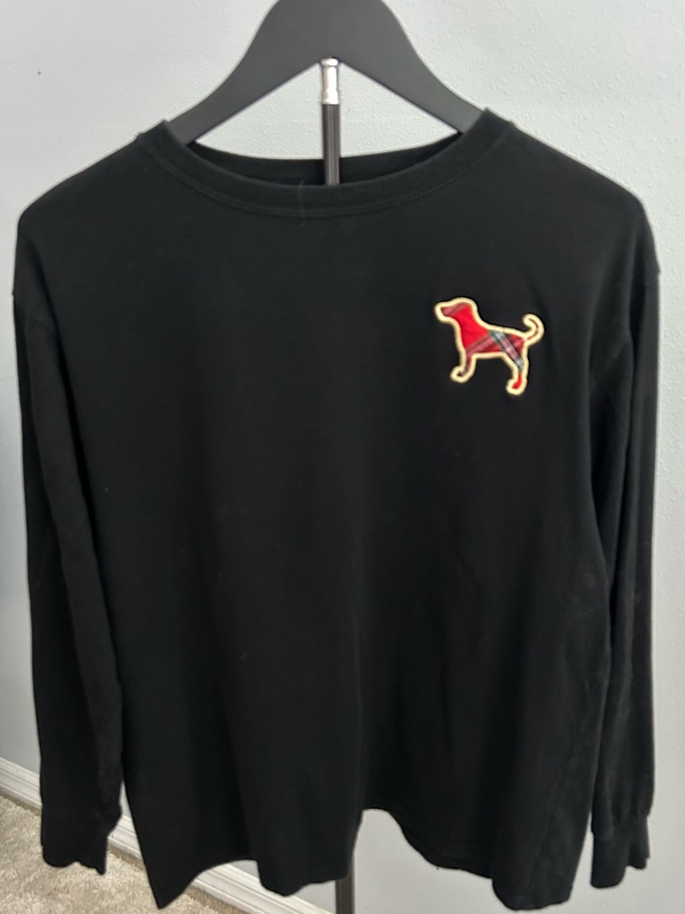 PINK Victoria's Secret Black Long-Sleeve Tee with Red Dog Patch